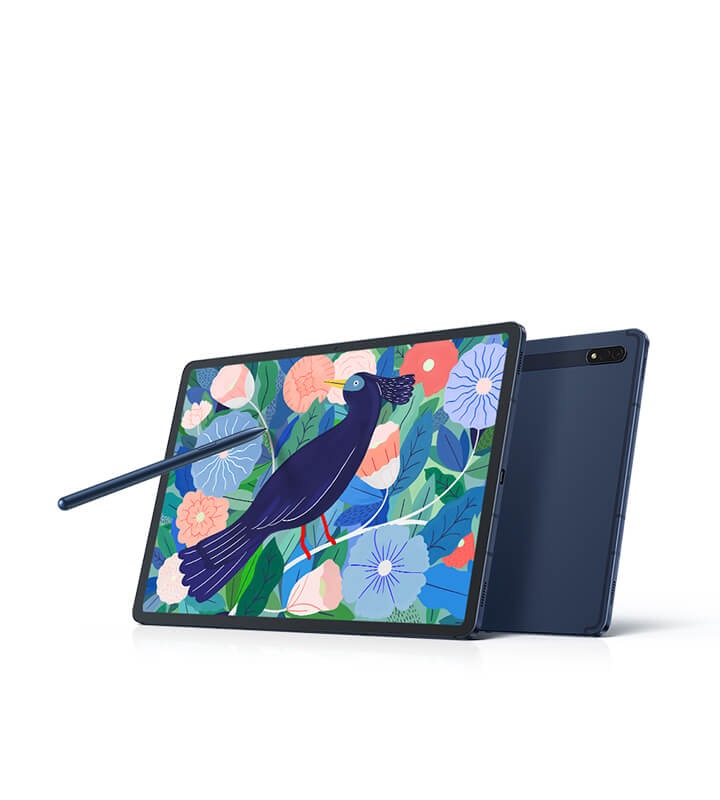 Vista angular de una Galaxy Tab S7+ apoyada contra una funda tipo libro con teclado. El teclado está separado en la parte inferior. Una S Pen está suspendida en el aire apuntando a la pantalla. La pantalla muestra una vívida ilustración de un pájaro entre hojas y flores.