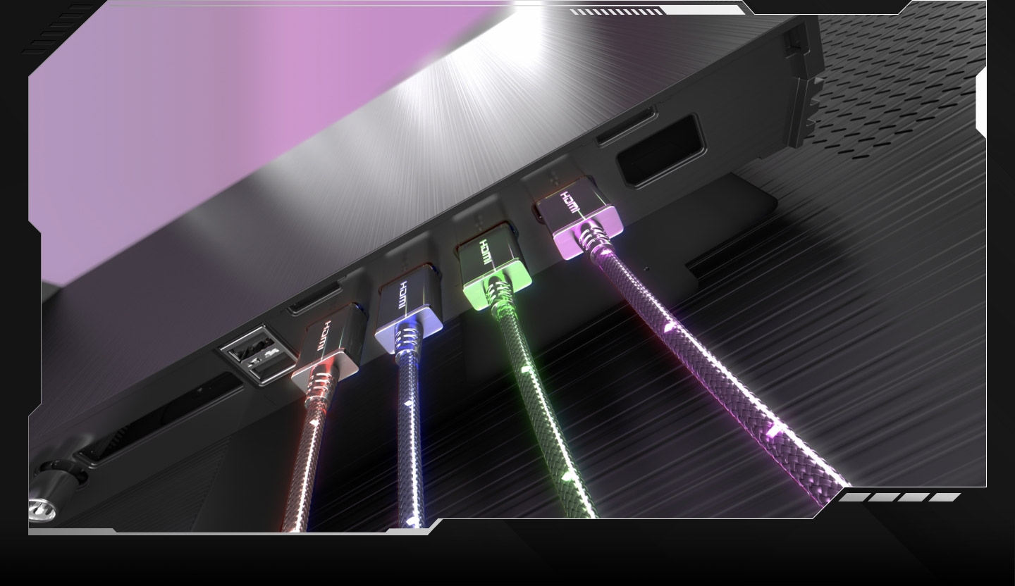 Una TV para juegos Samsung gira para mostrar su parte posterior, donde se encuentran los puertos HDMI 2.1. Hay cuatro cables HDMI conectados. Cada uno de ellos se enciende en un color diferente, rojo, azul, verde y rosa. Luego se ven imágenes giratorias de los dispositivos conectados, como consolas y controles.