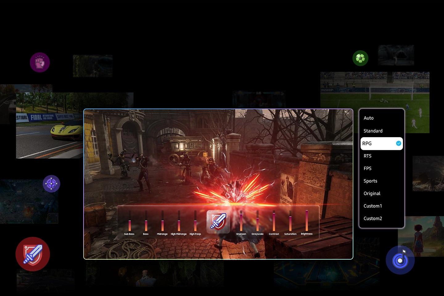 La TV para juegos Samsung muestra un RPG de peleas entre hechiceros con varios ajustes en pantalla, como subgraves, graves, medios, medios agudos, frecuencias agudas, nitidez, escala de grises, contraste, saturación y brillo. A su lado, se muestra un menú con varias opciones para el modo de juego automático con AI, como automático, estándar, RPG, RTS, FPS, deportes, original, personalizado1 y personalizado2. La TV detecta que se está jugando a un RPG y se optimiza en consecuencia. La pantalla cambia a un juego de deportes, y la TV detecta y optimiza la configuración en consecuencia. La pantalla cambia a un juego FPS, y la TV detecta y optimiza la configuración en consecuencia.