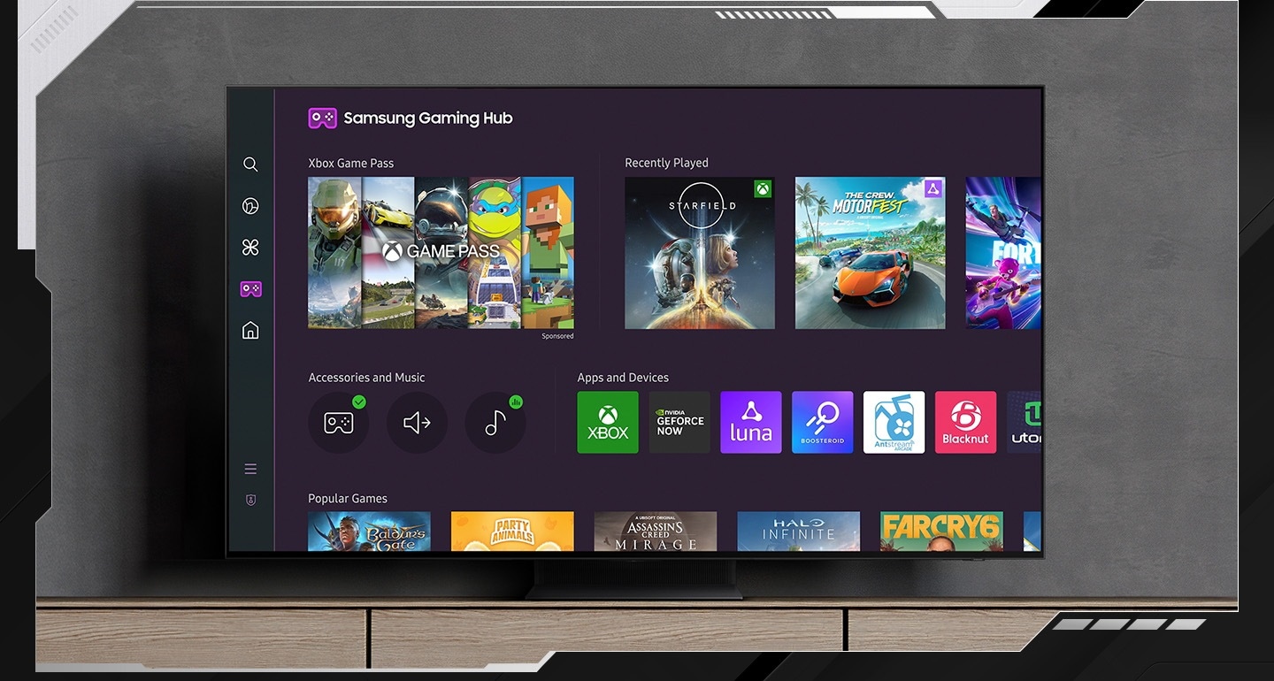 Samsung Gaming Hub muestra una amplia gama de opciones de juegos, como Xbox Game Pass, juegos recientemente jugados, accesorios y música, aplicaciones y dispositivos y juegos populares.