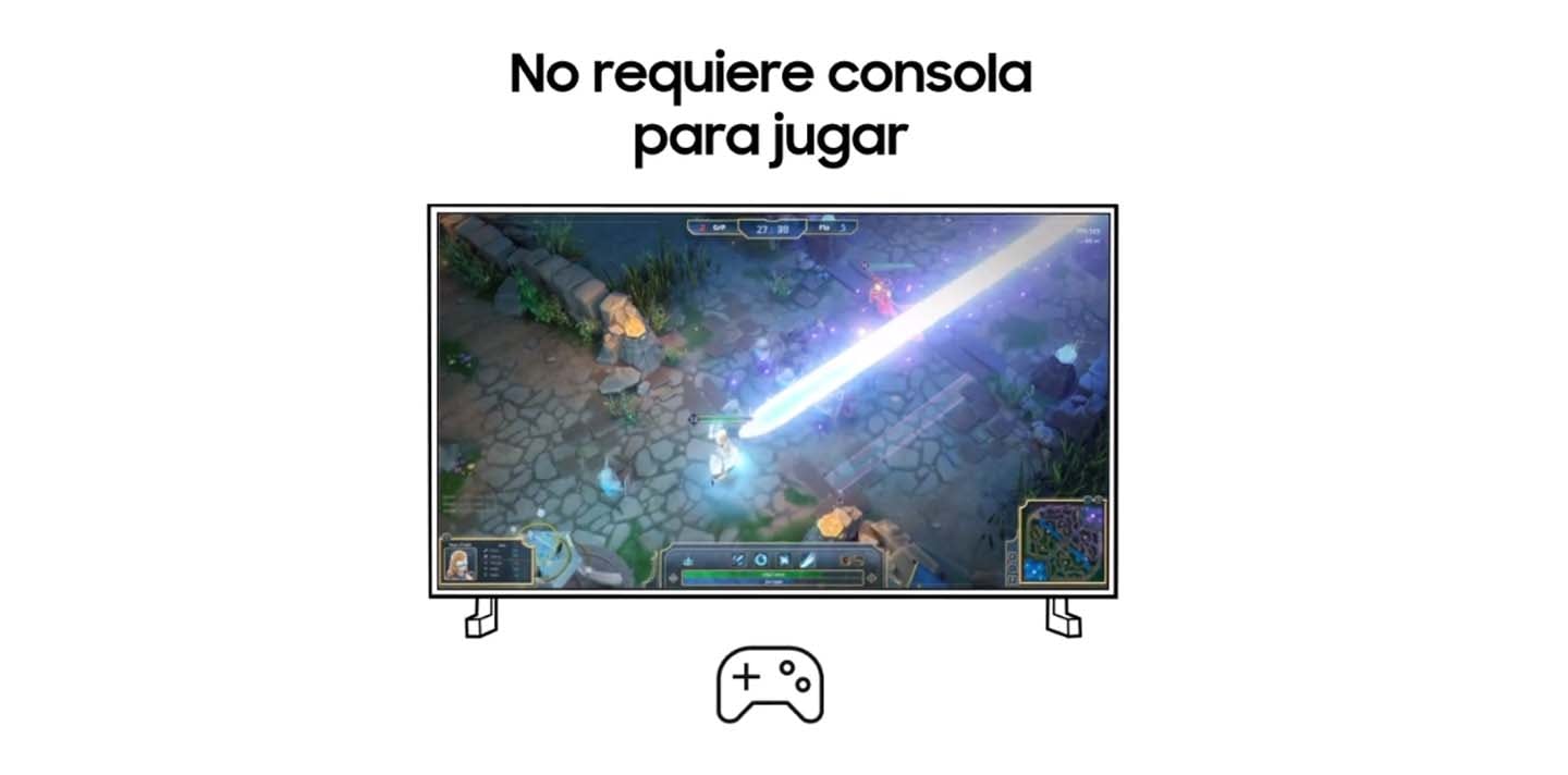 Una pantalla Samsung muestra una escena de juego, con una ilustración de un control debajo. Encima de la pantalla aparece el texto No se necesita consola para jugar.