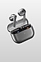A pair of silver Galaxy Buds3 earbuds hovering above the open case that is tilted toward the left. Galaxy Bud3 Series, enjoy secure fit, epic sound, which is a snug fit to seal in sound