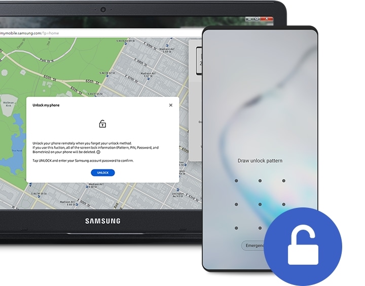 A device is being locked with a remote control from the find my mobile website on a laptop.