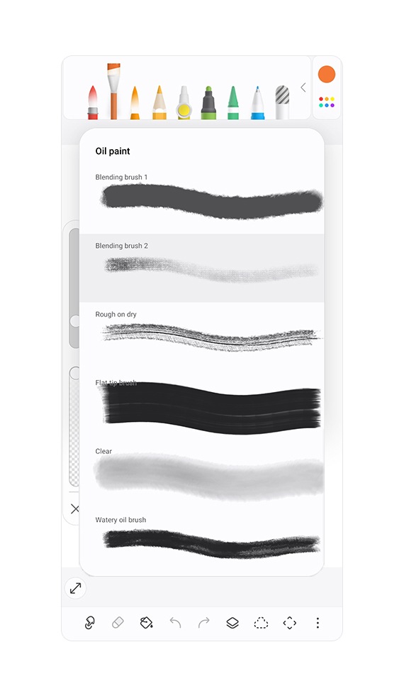The first interface exhibits an array of oil paint strokes, encompassing blending brush 1, blending brush 2, rough on dry, clear, flat tip brush, and watery oil brush.