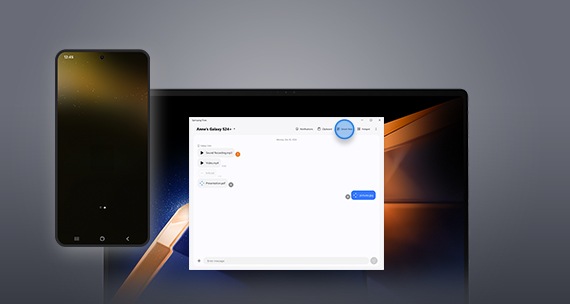 Front view of smartphone shows the Home screen, and tablet is running with the Samsung Flow app. The smart view icon is displayed at the upper right corner of the Apps screen.