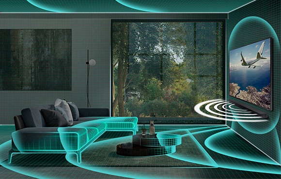 Samsung Q-series Soundbar is paired with QLED TV. SpaceFit Sound technology uses soundwaves to analyze living room interior data, which it then uses to optimize the TV and soundbar sound settings.
