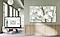 Art displayed on the signage installed on the wall of the cafe and a laptop displaying the Samsung VXT CMS control screen