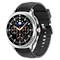 A black Galaxy Watch8 Classic with a black hybrid band at a tilted angle is shown.