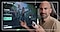 Chris is pointing at the 50\" Neo QLED QN90C that shows the home screen of Fortnite with his right hand while his left hand is holding a game controller.