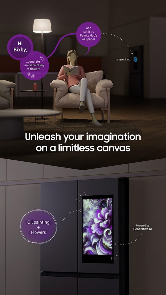 A woman reads sitting on a couch. She says Hi Bixby, generate an oil painting of flowers, and set it as the Family Hub's wallpaper. Bixby activates and says I'm listening, indicated by a logo on the refrigerator's screen. Unleash your imagination on a limitless canvas. Below there is a wallpaper that looks like what she asked for, an oil paining with flowers powered by Generative AI.