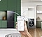 A hand holds a phone with the SmartThings app onscreen. The phone is connected to a Bespoke fridge, washer, dishwasher, vacuum cleaner and air conditioner as illustrated by blue lines. AI Energy Mode is on.