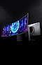 An ultrawide curved gaming monitor with game screen and a back design of gaming monitor