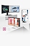 An ultrawide curved monitor with car design onscreen, a white monitor with design tool onscreen, and pivoted monitor with document onscreen.