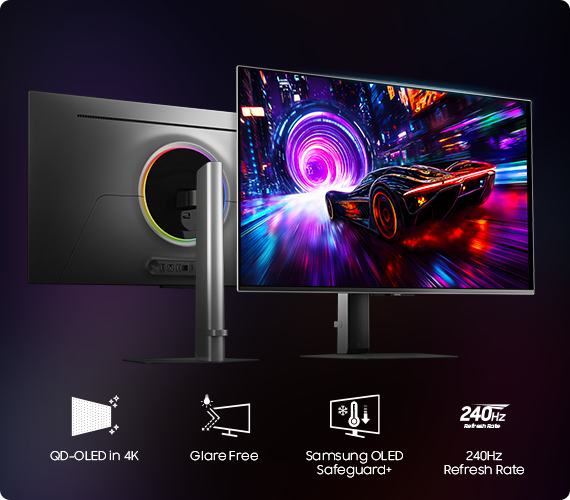 A front and back view of Odyssey OLED G8 with QD-OLED in 4K, Glare Free, Samsung OLED Safeguard+, 240Hz refresh rate icons. Back panel with neon circle. Screen shows a race car driving towards the tunnel.
