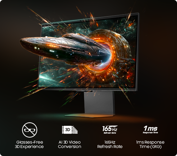 Odyssey 3D monitor shows a spacecraft coming out of the screen with Glasses-free 3D Experience, AI 3D Video Conversion, 165Hz Refresh Rate, 1ms Response Time (GtG) icons. Green and orange lights reflected on the bottom of the stand.
