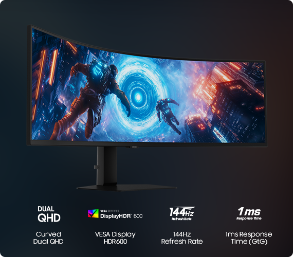 Odyssey G9 monitor shows two astronauts flying towards the neon blue portal with Curved Dual QHD, VESA DisplayHDR600, 144Hz refresh rate, 1ms response time (GtG) icons.