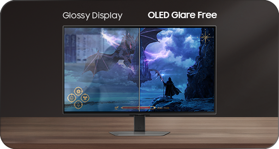 Monitor on top of the table. Reflections can be seen on gaming scene with Glossy Display. OLED Glare Free shows clear image.