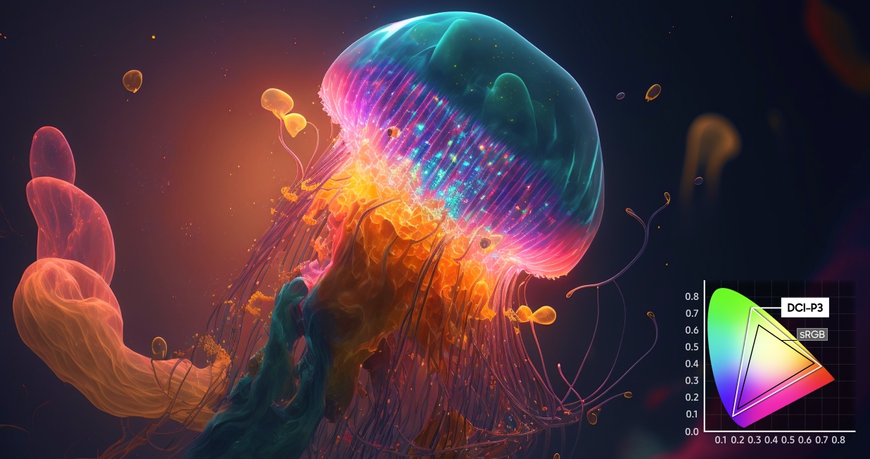 A vibrant, colorful jellyfish displayed on a Samsung ViewFinity screen with a darker background, highlighting the monitor's color accuracy with a color spectrum graph(which represents the coverage from 0.0 to 0.8) in the lower-right corner showing the DCI-P3 and sRGB color space coverage.