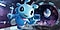 A whimsical looking blue alien in mid-air inside a modern spaceship. The alien has two antennae, two big eyes, and is wearing a two-piece space uniform that consists of a blue top with pink details, and white pants. The alien is looking into the camera smiling and looking excited. Behind the alien, we see planet Earth through a big round window of the spaceship.
