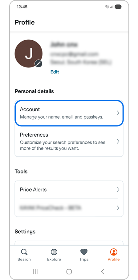 Account option in profile settings