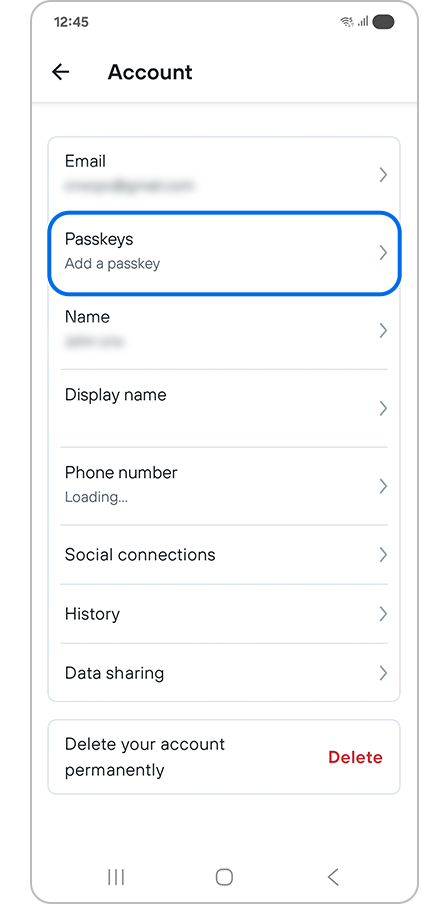 Passkeys option in Account settings