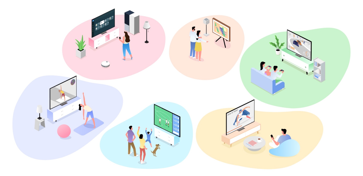 Six different scenarios for using Samsung Smart TVs are shown, including exercising, watching sports, connecting a smart home, gaming, watching personalized content with One UI Tizen and admiring art pieces.