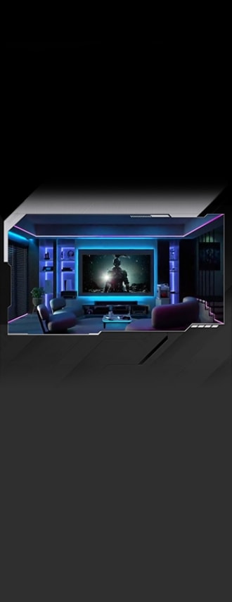 A Samsung Gaming TV in a dark, gaming-themed room displays a video game scene.