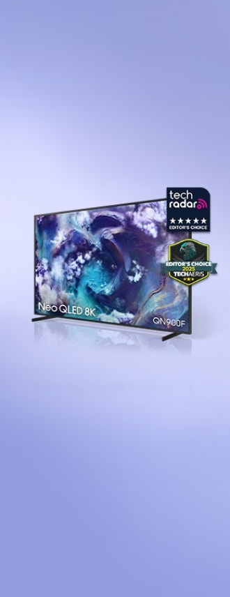 Neo QLED 8K QN900F. Tech radar EDITOR'S CHOICE logo and EDITOR'S CHOICE 2025 TECHAERIS logo.