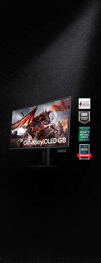 An Odyssey OLED G8 G80SD monitor features logos from Trusted Reviews, cgm EDITOR'S CHOICE, HOMETHEATER REVIEW 2024 EDITORS' CHOICE, and EDITORS CHOICE from Newsweek.