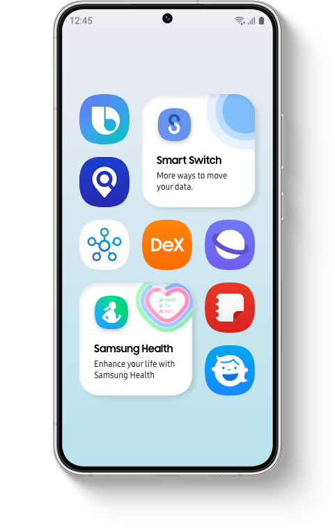 Au centre, le Galaxy S22+ affiche des icônes d’applis et services. Des photos et illustrations indiquent les caractéristiques de chaque appli et service autour du smartphone.