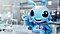 Un extraterrestre bleu fantaisiste devant un laboratoire, formant un V avec ses doigts et souriant à l’objectif. Autour du cou se trouve son badge d’employé avec une photo de l’extraterrestre, et sur la poitrine, un badge rose avec trois étoiles.
