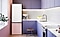 A 2-door Bespoke refrigerator with Glam White panel on top and Glam Pink panel on the bottom is in a stylish white and purple themed kitchen next to a window.