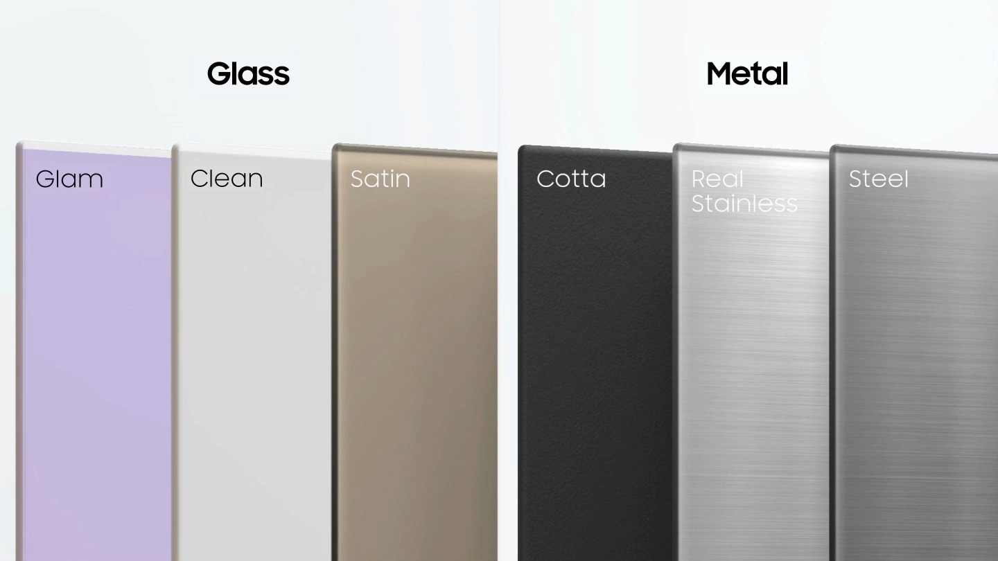 The six panel colors are introduced. On the left side of the screen there are three glass panels, from left to right, Glam Lavender, Clean White, and Satin Beige panels. On the right side, there are three metal panels in texture of Cotta, Real Stainless, and Steel.