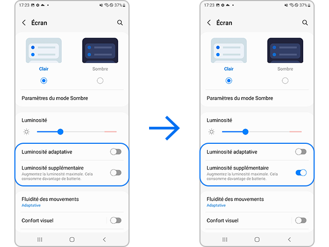 galaxy s22 configuration de luminosité supplémentaire