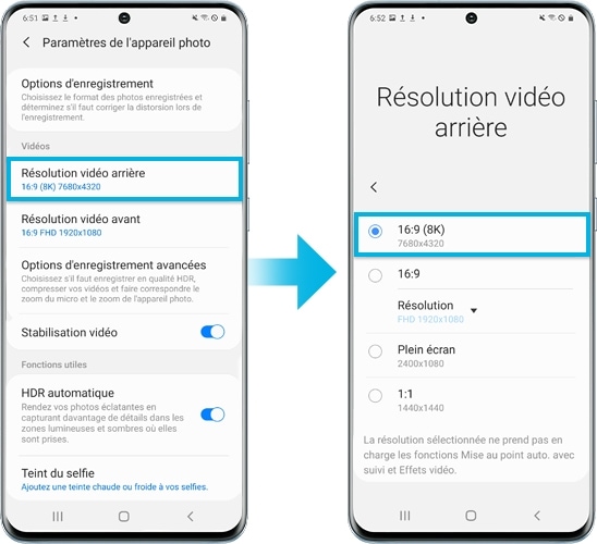 image de l’activation du mode vidéo 8K sur un téléphone Galaxy S21
