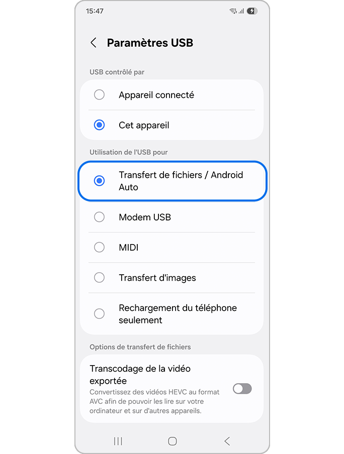 Sélection du mode Transfert de fichiers