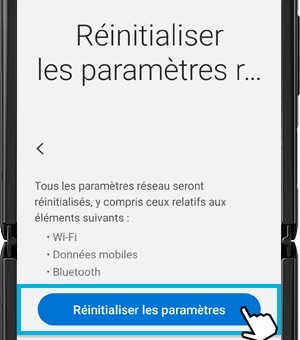 Capture d’écran montrant comment réinitialiser les paramètres réseau sur l’appareil.