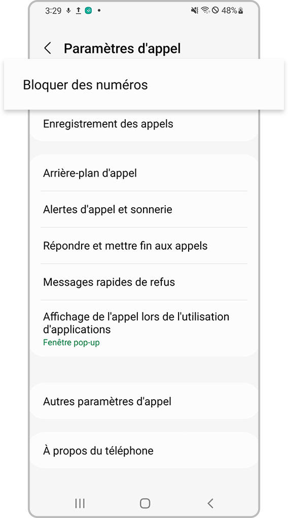 vérification du blocage par l’appareil de numéros inconnus - étape 3