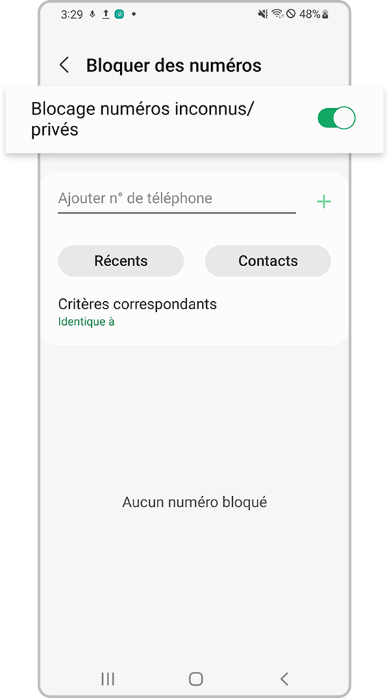 vérification du blocage par l’appareil de numéros inconnus - étape 4