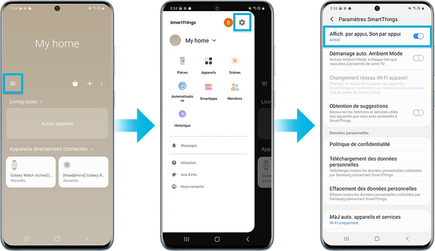 Écran de l’application smartthings pour le réglage de tap view