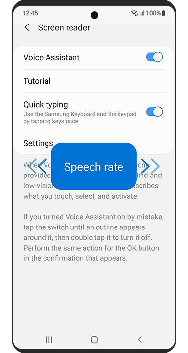 Le menu « Lecteur d’écran » est affiché. L’assistant vocal et la saisie rapide sont activés. Le contrôle du débit de parole est affiché.