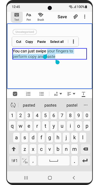 Une phrase est sélectionnée et le menu pop-up d’édition de texte affiche les options couper, copier, coller et tout sélectionner.