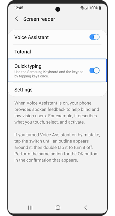 Le menu « Lecteur d’écran » est affiché. La saisie rapide est activée. Le texte descriptif indique : Utilisez le clavier Samsung et le pavé numérique en appuyant une fois sur les touches.