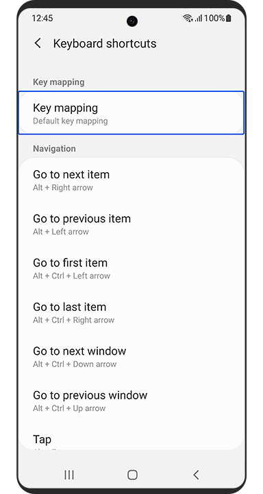 Le menu « Raccourcis clavier » est affiché. Le mappage de touche est sélectionné.