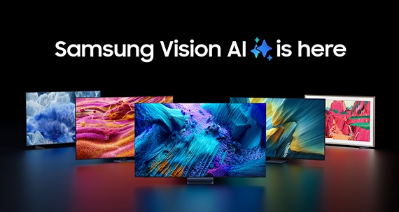 A TV appears with a vivid blue abstract landscape on screen. Four other TVs with vivid designs on screen appear, with two on either side of the original TV. Samsung Vision AI is here.