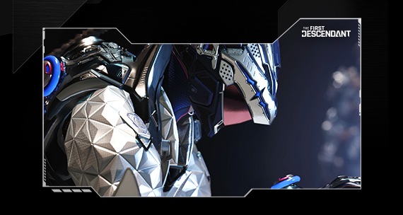 Un téléviseur gaming Samsung affiche le jeu The First Descendant en action. Gros plan sur un cyber-guerrier.