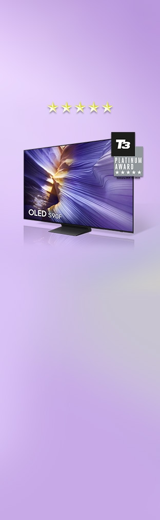 OLED S90F. T3 PLATINUM AWARD logo featuring Samsung S90F, 04/2025. S90F awarded T3 Platinum Award, March 2025.