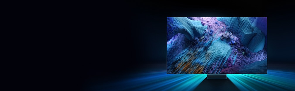 Vue de face d’un téléviseur Neo QLED affichant des traits complexes de bleu et de violet avec une pointe de jaune.