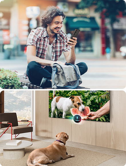 Un homme assis à l’extérieur sourit tout en regardant son animal à la maison via son téléphone. À la maison, le chien regarde la télévision.