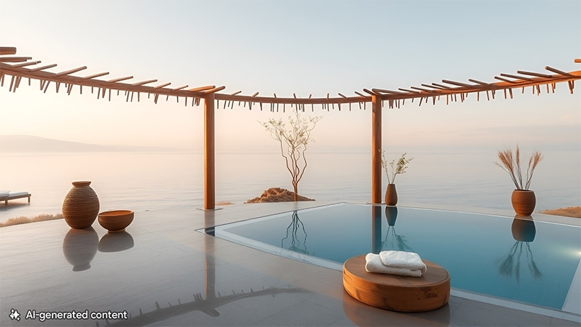Une piscine extérieure entourée de plantes et de décorations en bois. Une note en bas indique « contenu généré par l’IA ».